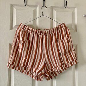 Excellent Condition, SZ S, Linen Blend Shorts, Ivory, Coral, Rust Stripe